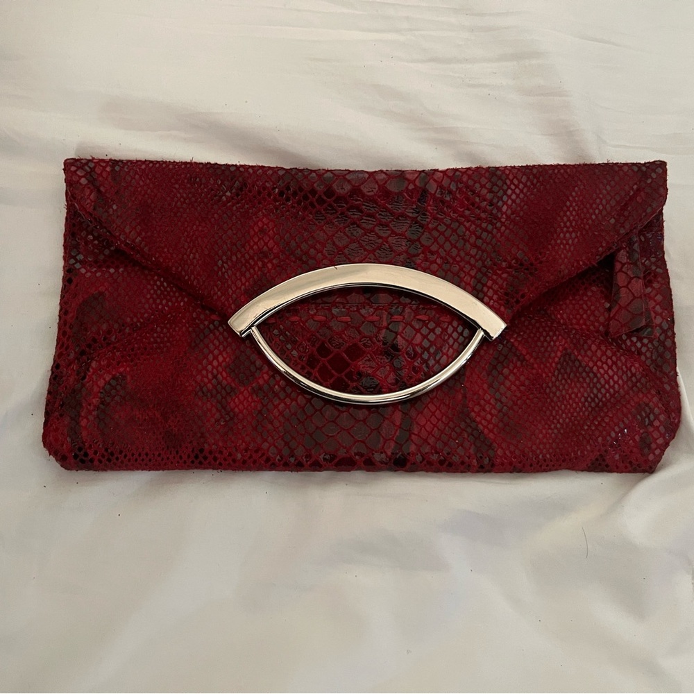 bebe Red Snake-Embossed Envelope Clutch with Silver Accent